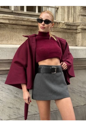 Kadın Gri Kemerli Şort Etek