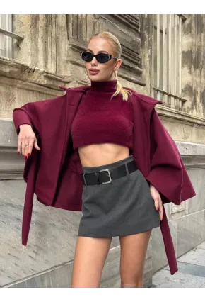 Kadın Gri Kemerli Şort Etek