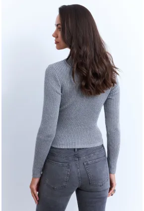 Kadın Gri Kruvaze Büzgülü Simli Bluz KED173