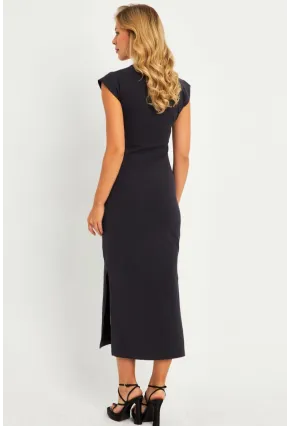 Kadın Gri Pencereli Aksesuarlı Midi Elbise YLE22