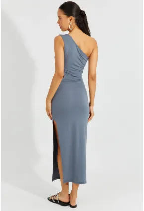 Kadın Gri Tek Omuz Yırtmaçlı Maxi Elbise B2629