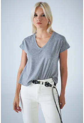 Kadın Gri V Yaka T-Shirt LPP1311