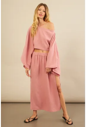 Kadın Gül Kurusu Yarasa Kol Crop Müslin Etek Takım BTY104