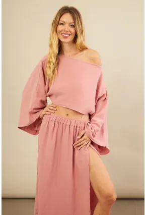Kadın Gül Kurusu Yarasa Kol Crop Müslin Etek Takım BTY104