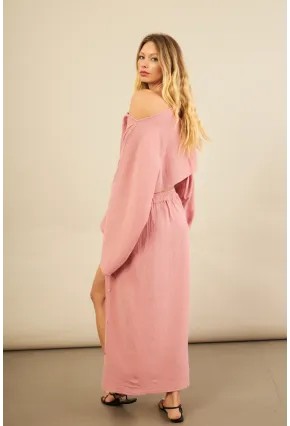 Kadın Gül Kurusu Yarasa Kol Crop Müslin Etek Takım BTY104