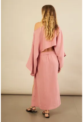 Kadın Gül Kurusu Yarasa Kol Crop Müslin Etek Takım BTY104