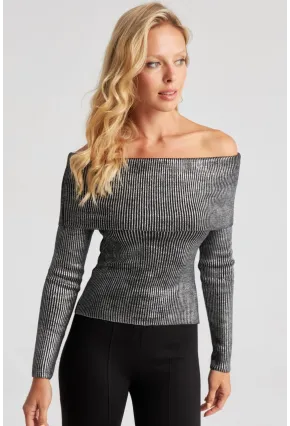 Kadın Gümüş Rengi Varaklı Madonna Triko Bluz SF2523