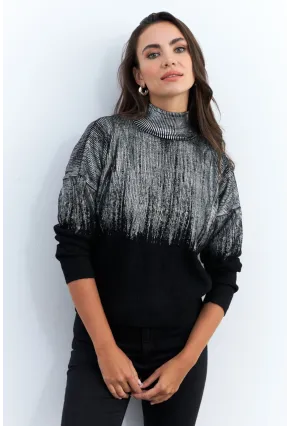 Kadın Gümüş-Siyah Balıkçı Yaka Varaklı Kazak RM07