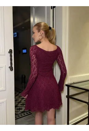 Kadın Güpür Detay Astarlı Elbise Bordo