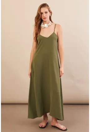 Kadın Haki Askılı Çan Midaxi Elbise OPS9005
