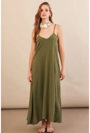 Kadın Haki Askılı Çan Midaxi Elbise OPS9005