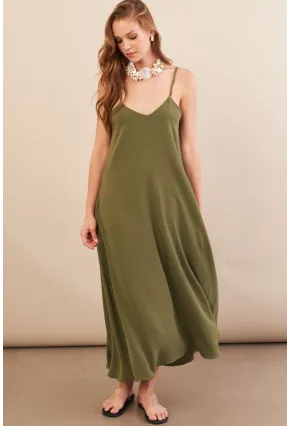 Kadın Haki Askılı Çan Midaxi Elbise OPS9005