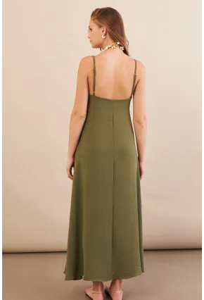 Kadın Haki Askılı Çan Midaxi Elbise OPS9005