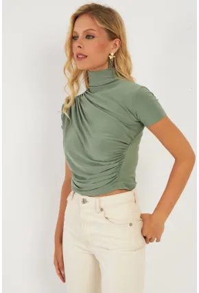 Kadın Haki Büzgülü Bluz LPP1287