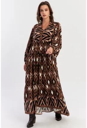 Kadın Haki Desenli Dokuma Maxi Elbise ALO235