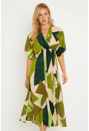 Kadın Haki Desenli Kruvaze Midi Elbise HT108