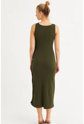 Kadın Haki Düğme Detaylı Kaşkorse Midi Elbise EY2837