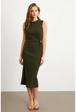 Kadın Haki Düğme Detaylı Kaşkorse Midi Elbise TF74