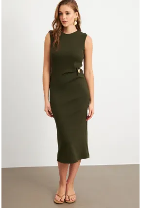 Kadın Haki Düğme Detaylı Kaşkorse Midi Elbise TF74