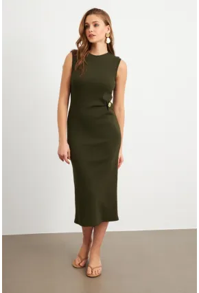 Kadın Haki Düğme Detaylı Kaşkorse Midi Elbise TF74