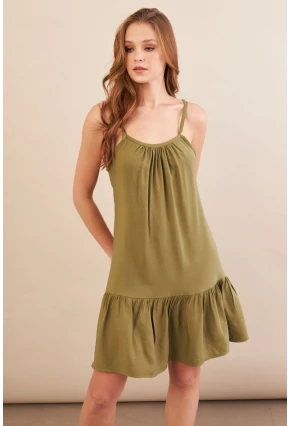 Kadın Haki Eteği Volanlı Askılı Midi Elbise OPS4152
