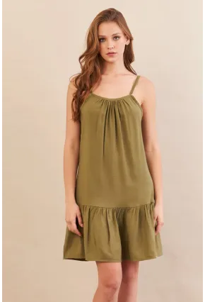 Kadın Haki Eteği Volanlı Askılı Midi Elbise OPS4152