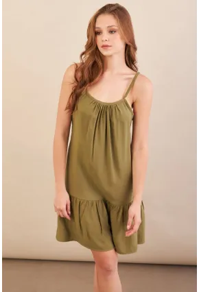 Kadın Haki Eteği Volanlı Askılı Midi Elbise OPS4152