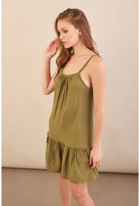 Kadın Haki Eteği Volanlı Askılı Midi Elbise OPS4152