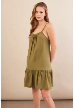 Kadın Haki Eteği Volanlı Askılı Midi Elbise OPS4152