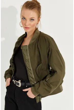 Kadın Haki Fermuarlı Bomber Mont QRS8367