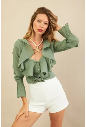 Kadın Haki Fırfırlı Gömlek DMR487