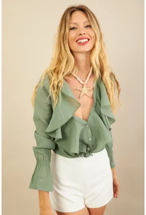 Kadın Haki Fırfırlı Gömlek DMR487