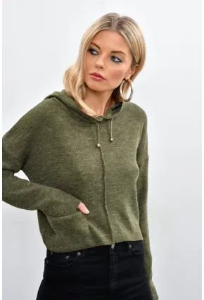 Kadın Haki Kapüşonlu Kısa Triko Bluz YV15-90