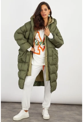 Kadın Haki Kapüşonlu Şişme Uzun Mont MX06