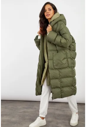 Kadın Haki Kapüşonlu Şişme Uzun Mont MX06