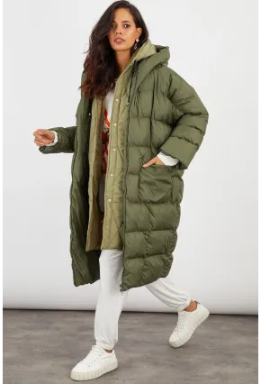 Kadın Haki Kapüşonlu Şişme Uzun Mont MX06