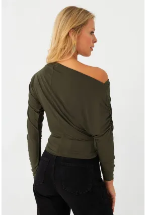 Kadın Haki Kayık Yaka Bluz DMR382-1