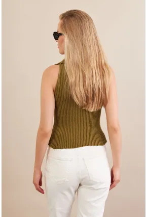 Kadın Haki Polo Yaka Yumoş Yelek ZH050