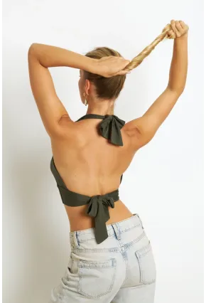 Kadın Haki Sırt Ve Boyun Bağlamalı Bluz EY1472