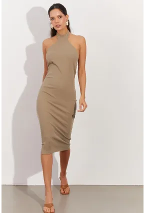 Kadın Haki Sırtı Açık Halter Midi Elbise OW138