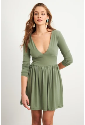 Kadın Haki V Yaka Mini Elbise LİK17