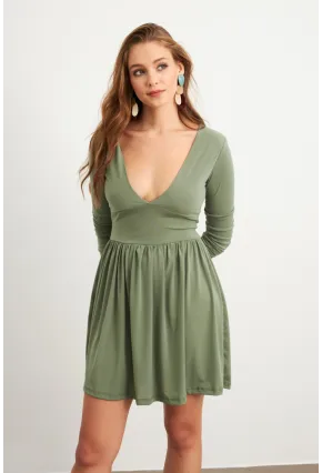 Kadın Haki V Yaka Mini Elbise LİK17