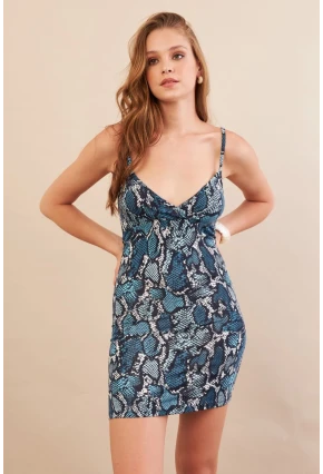 Kadın İndigo Askılı Yılan Desenli Mini Elbise LPP1129-90