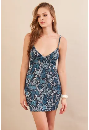 Kadın İndigo Askılı Yılan Desenli Mini Elbise LPP1129-90