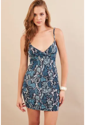 Kadın İndigo Askılı Yılan Desenli Mini Elbise LPP1129-90