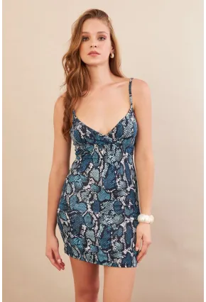 Kadın İndigo Askılı Yılan Desenli Mini Elbise LPP1129-90