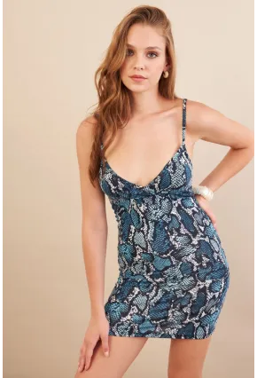 Kadın İndigo Askılı Yılan Desenli Mini Elbise LPP1129-90