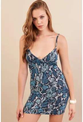 Kadın İndigo Askılı Yılan Desenli Mini Elbise LPP1129-90