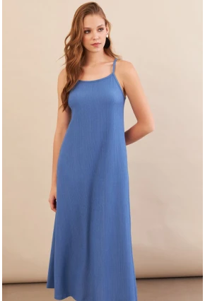 Kadın İndigo Ayarlanabilir Askılı Bürümcük Midi Elbise MX9455