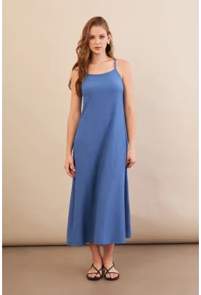 Kadın İndigo Ayarlanabilir Askılı Bürümcük Midi Elbise MX9455